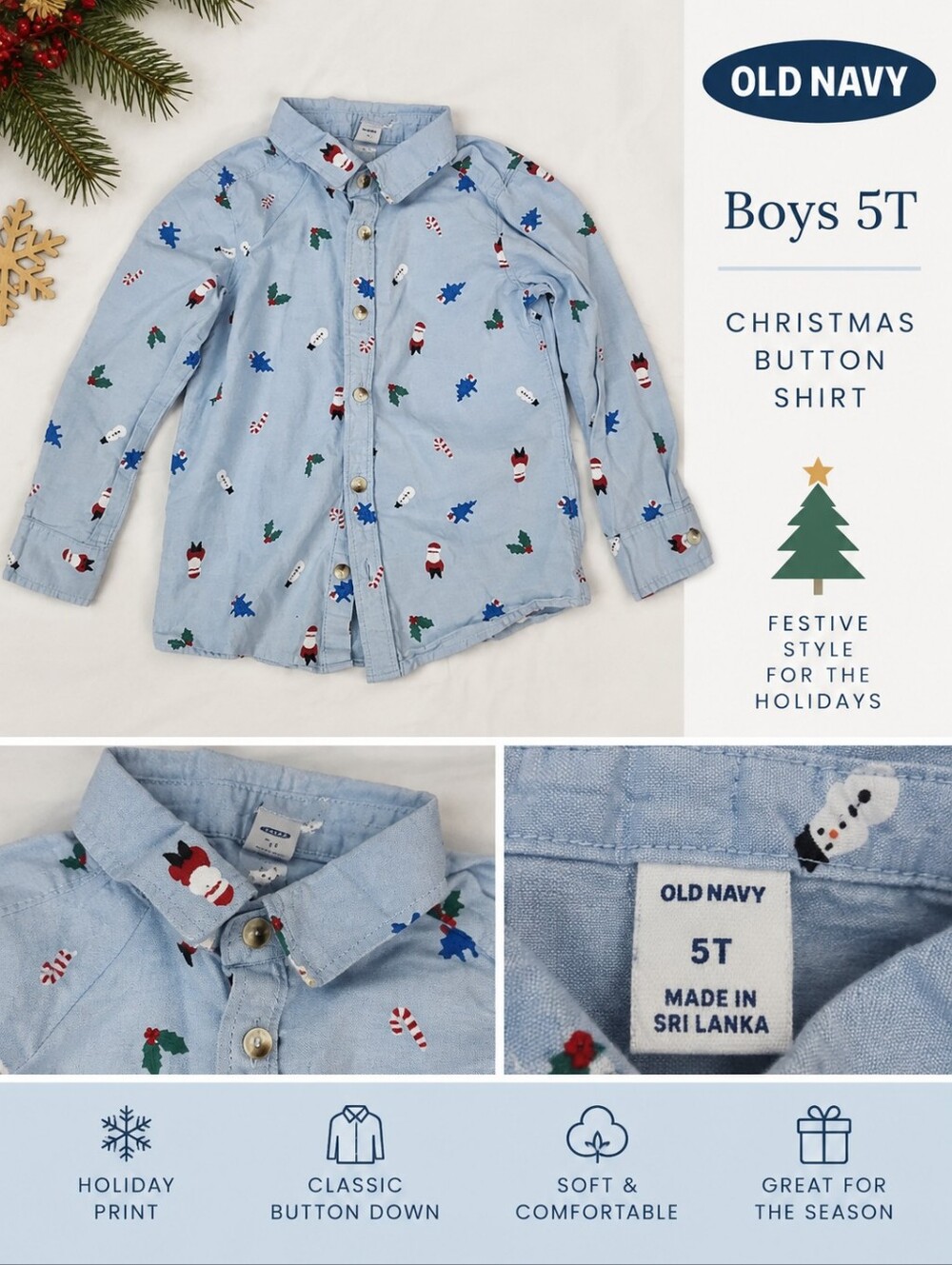 Old navy boys 5T blue christmas button shirt #U05